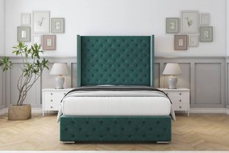 Sloomy Arundel Plush Frame-Mattress - 50 Upholstered Wingback Headboard in Emerald | Size: Small Single
