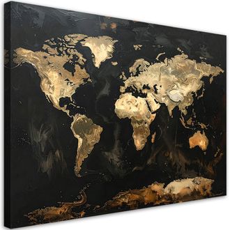 Feeby Cuadro Sobre Lienzo Mapa Del Mundo Dorado Sobre Fondo Negro 100x70