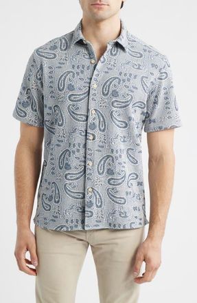 Johnston & Murphy Linden Textured Short Sleeve Button-Up Shirt in Blue Paisley at Nordstrom, Size Xx-Large