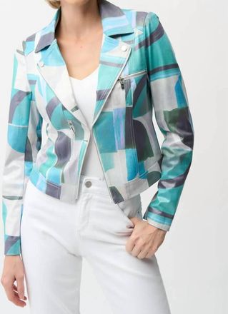 Joseph Ribkoff Geometric Faux Suede Moto Jacket In Green/multi