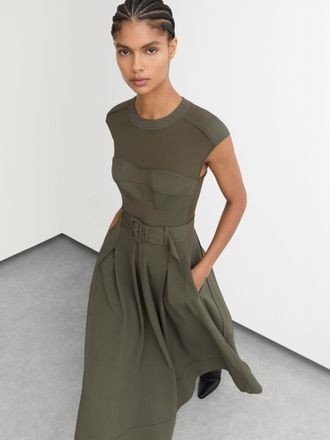 Reiss Womens Khaki Petite Mesh-Panel Belted Pleated Midi Dress, Size: 14