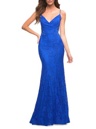 La Femme Lace Gown with Sheer Lace Applique Side Panels in Royal Blue at Nordstrom, Size 6