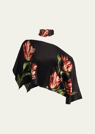 Alice & Olivia Rita Draped Floral One-Shoulder Crop Top