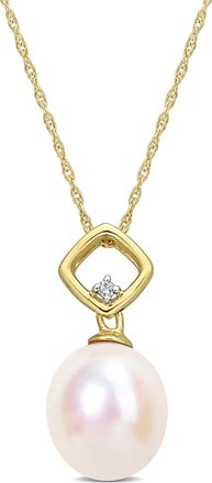 Mimi & Max 9-9.5mm Cultured Freshwater Pearl and Diamond Accent Drop Pendant with Chain in 10k Yellow Gold