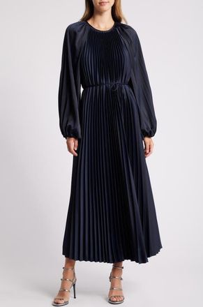 Julia Jordan Pleated Long Sleeve Midi Dress in Navy at Nordstrom, Size 10
