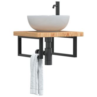 Berkfield Home Basin Shelf Wall Mounted Steel & Solid Wood Oak in Brown