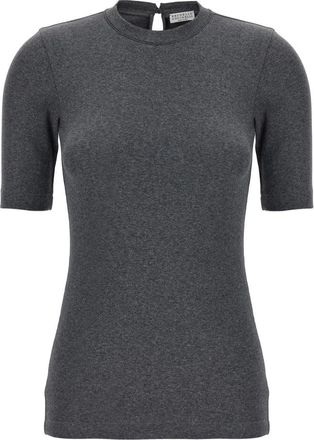 Brunello Cucinelli Monile Rib T-Shirt - Dames - T-shirts - Grijs - L - Katoen - Tops