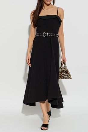 Ganni Asymmetric Dress With A Waist Belt, Womens, Black