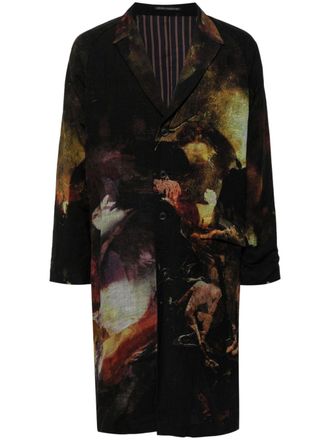 Yohji Yamamoto abstract-print single-breasted coat - men - Rayon/Linen/Flax/Cupro - 4 - Black