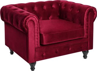 Beliani Sill&oacute;n Chesterfield Tapizado En Tela De Terciopelo Rojo Patas De Madera Oscura Estilo Contempor&aacute;neo Chesterfield