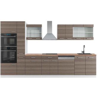 Vicco Mueble De Cocina R-line, Precioso Gris/blanco, 350 Cm Con Armario Alto, Et Roble