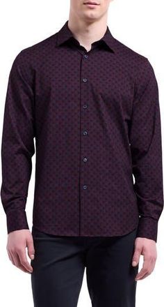 Bugatchi Jimmy OoohCotton Geo Pattern Button-Up Shirt in Bordeaux at Nordstrom Rack, Size Small