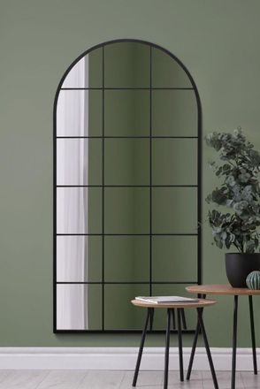MirrorOutlet Black Metal Framed Arched Window Wall Mirror 71 X 35 (180 X 90CM) | Size: 1 Pack