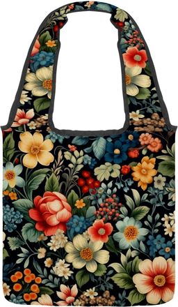 Generic Aesthetic Colorful Florals Reversible Canvas Shoulder Tote - Double-Sided Print, 12oz Cotton, 27cm Drop, Fold-Flat Bag for Travel, Shopping, Street Ou