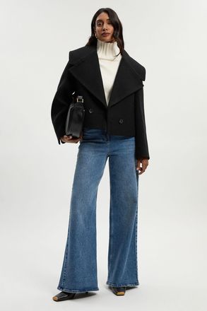 Karen Millen Womens Wool Shawl Collar Tailored Double Breasted Short Coat - Black - Size 16 UK