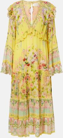 Camilla Abito midi in chiffon di seta con stampa e volant