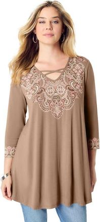 Roaman's Criss Cross Ultra Drape Swing Tunic in Brown Sugar Medallion at Nordstrom, Size 20