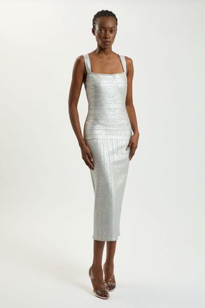 Karen Millen Womens Foil Metallic Figure Form Bandage Strappy Knit Maxi Dress - Silver - Size 14 UK
