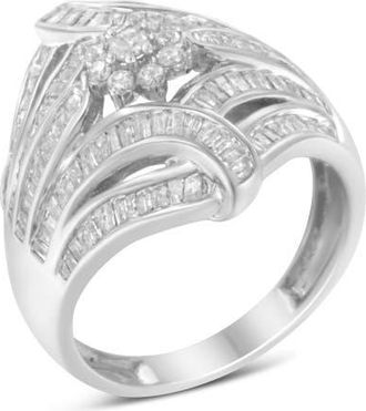 House of Brilliance Silver 1-1/8 Cttw Diamond Flower & Fern Cluster Cocktail Ring at Nordstrom, Size 6