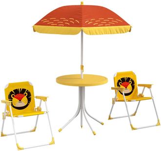 OUTSUNNY Conjunto De Mesa Y Sillas Para Exterior Infantil Set De 2 Sillas Plegables Y Mesa Para Ni&ntilde;os Mesa Con Sombrilla Ajustable En Altura Tem&aacute;tica De Le&oacute;n
