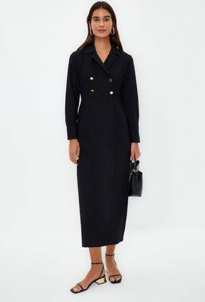 Trendyol Modest Dames Zwart Effen Maxi Driekwart mouw Casual Double-breasted Modest Jurken