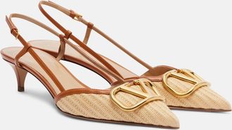 Valentino Garavani VLogo leather-trimmed raffia slingback pumps