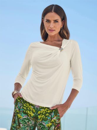 Heine 3/4-Arm-Shirt HEINE T-Shirt, Damen, Gr. 36, champagner, 95% Polyester, 5% Elasthan, unifarben, asymmetrischer Ausschnitt, Shirts 3/4-Arm-Shirt