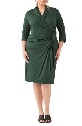 Karen Kane Three Quarter Sleeve Jersey Cascade Faux Wrap Dress in Forest Green at Nordstrom, Size 3X
