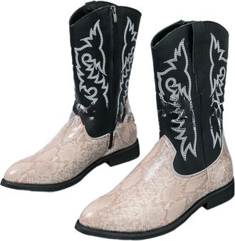 Generic Mens Low Block Heel Western Cowboy Boots Round Toe Mid-Calf Boots with Embroidery Stitched PU Leather Casual Boot with Side Zipper,White,8.5 UK