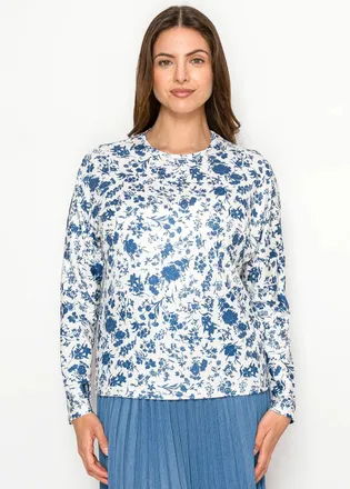 YAL New York Blue & White Floral Long Sleeve Knit Tee
