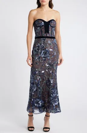 Marchesa Floral Sequin Strapless Dress in Crystal Ocean at Nordstrom, Size 14