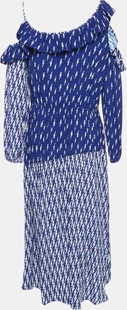 Sandro Blue Lighting Print Crepe Ruffled Cold Shoulder Midi Dress