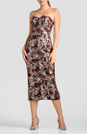 Dress The Population Vada Floral Sequin Strapless Midi Dress in Burgundy Multi at Nordstrom, Size Xx-Small