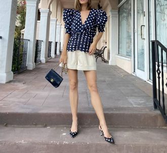 Ronny Kobo Liliana Polka Dot Top In Navy Blue White