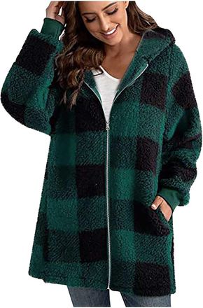 Generic Women Jacket Fleece Women Long Sleeve Womens Checkered Shirt Pocket Oversized Shirts for Zipper Plaid Jacket Hooded Cowboy Shirts for Fleece Shacket A