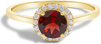 House of Brilliance 10K Yellow Gold Red Garnet and 1/10 Cttw Diamond Halo Ring
