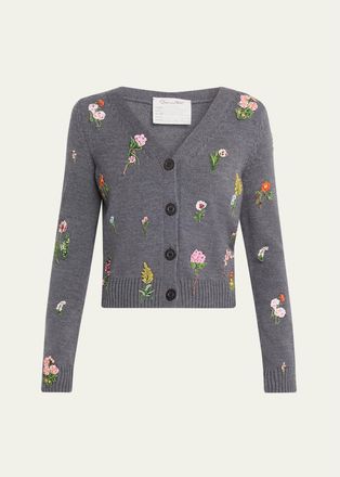 Oscar De La Renta Embroidered Wool Mini V-Neck Cardigan