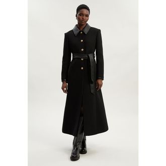 Karen Millen Wool Pu Mix Belted Tailored Maxi Coat in Black at Nordstrom, Size 4