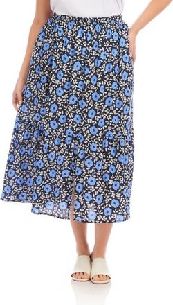 Karen Kane Floral Front Slit Midi Skirt in Blue Print at Nordstrom, Size 0 X