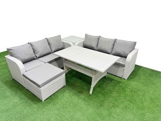 Fimous Outdoor Garden Furniture Sets 7 Seater Wicker Rattan Furniture Sofa Sets w/ Rectangular Dining Table high Back Lounge Sofa Big Footstool Side