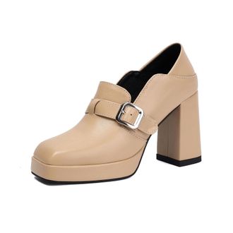 Generic Womens High Heeled Dress Shoes Comfort Slip on Formal Shoes with Buckle Square Toe PU Leather Platform Loafers,Yellow,4.5 UK