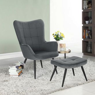 Woltu Sill&oacute;n De Relax Con Reposapi&eacute;s Silla De Escritorio Con Escabel Sill&oacute;n Con Reposabrazos Y Respaldo Alto De 59cm Pana Gris Oscuro Patas Met&aacute;licas - Wolt