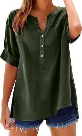 Generic Womens Cotton Linen Shirts,Solid 3/4 Sleeve Tunic Tops,Casual V Neck Dressy Blouses (Green,XL)