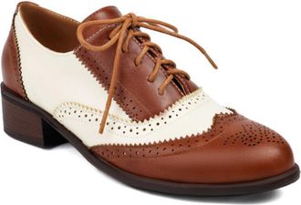 Generic Womens Lace-Up Wingtip Oxford Shoes Multi-Color Panel Perforated Detail Chunky Block Heel Round Toe Lightweight Comfortable Shoes for Fashion Casual,B