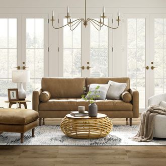 Castlery Brown 3 Seater Top Grain Leather Sofa with Ottoman | Madison by Castlery, Mid-Century Modern Design, Tufted Back, Tapered Legs