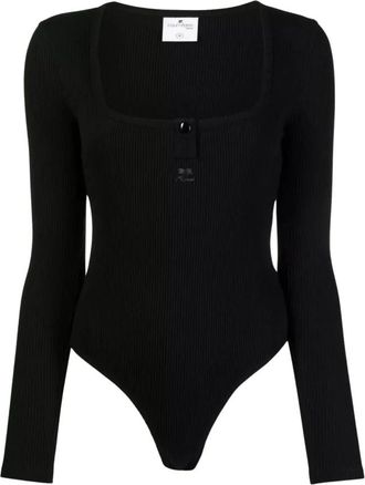 Courr&egrave;ges Logo-patch Ribgebreide Bodysuit - Dames - Bodies - Zwart - S - Katoen - Tops