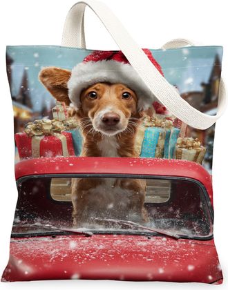 Generic Dog Canvas Tote Bags, Cute Animal Print Reusable Shopping Bags, Festive Holiday Theme Lightweight Washable Shoulder for Tra, Red, 13x15 Inch