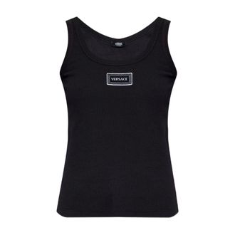 Versace Sleeveless Tops, female, Black, Size: XS Round Neck Sleeveless Ribbed Knit Top