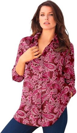 Roaman's Plus Size Kate Long Sleeve Easy Cotton-Blend Button-Front Shirt in Burgundy Lavish Paisley at Nordstrom, Size 36