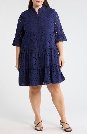 Anne Klein Eyelet Embroidered Tiered Cotton Dress in Distant Mountain at Nordstrom, Size 2 X